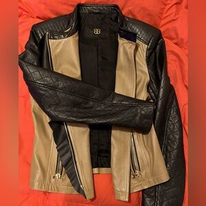 Leather Moto BASLER Jacket - Black/Camel Colorblock w/ Asymmetrical Ruffle Zip